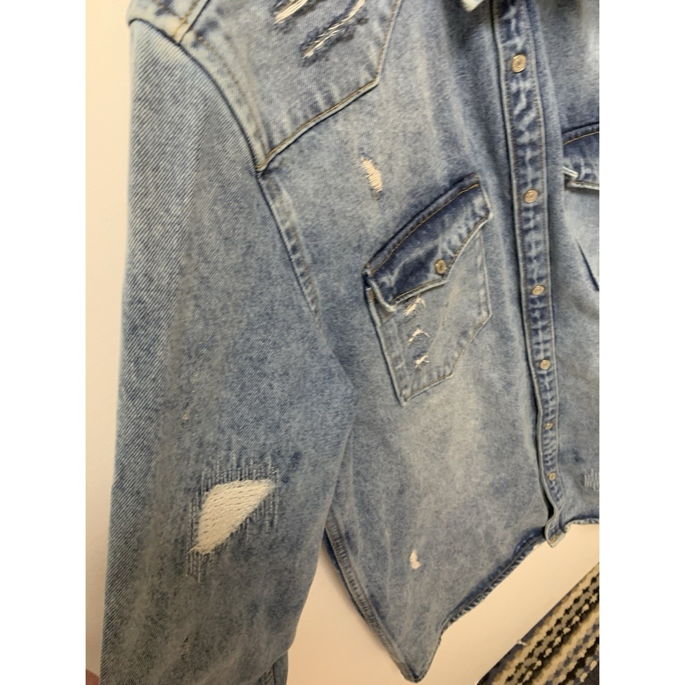 Zara Denim Shacket Mens XL Blue Metal Snap Shirt Jacket Distress Relaxed Fit - Picture 4 of 14